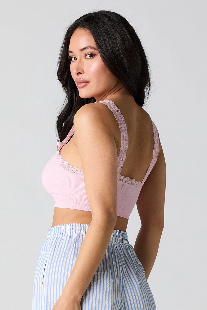 Seamless Ribbed Lace Trim Bralette with Built-In Cups