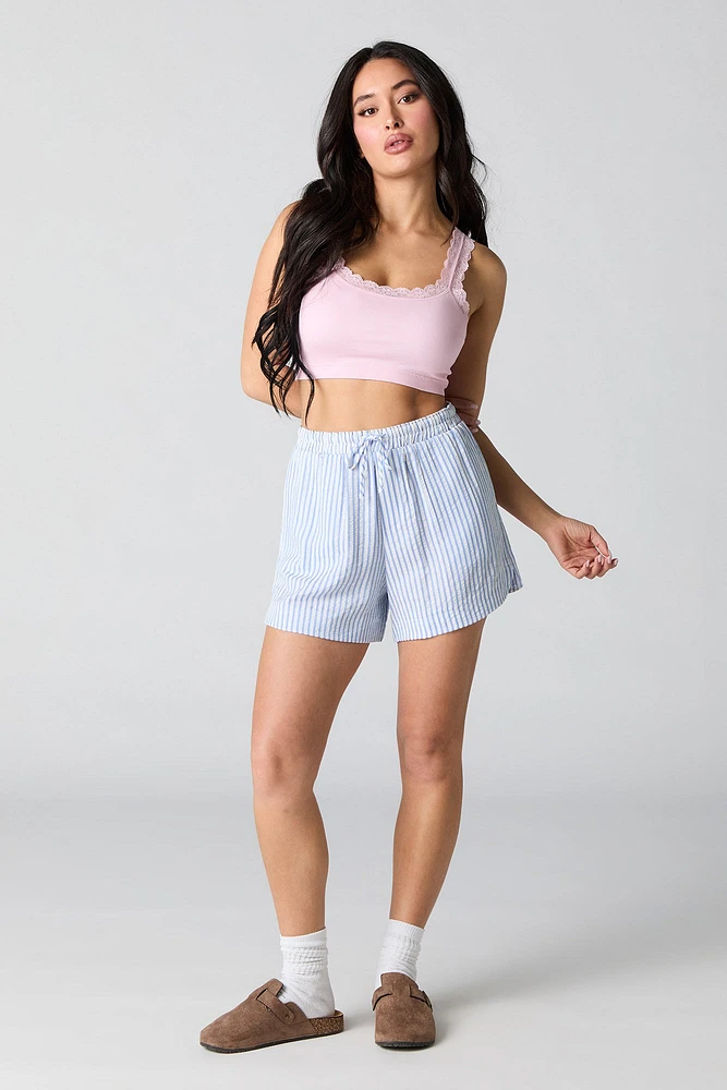 Seamless Ribbed Lace Trim Bralette with Built-In Cups