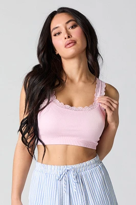 Seamless Ribbed Lace Trim Bralette with Built-In Cups