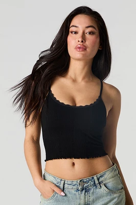 Seamless Ribbed Lace Trim Cami with Built-In Cups