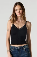 Seamless Ribbed V-Neck Lace Trim Cami with Built-In Cups