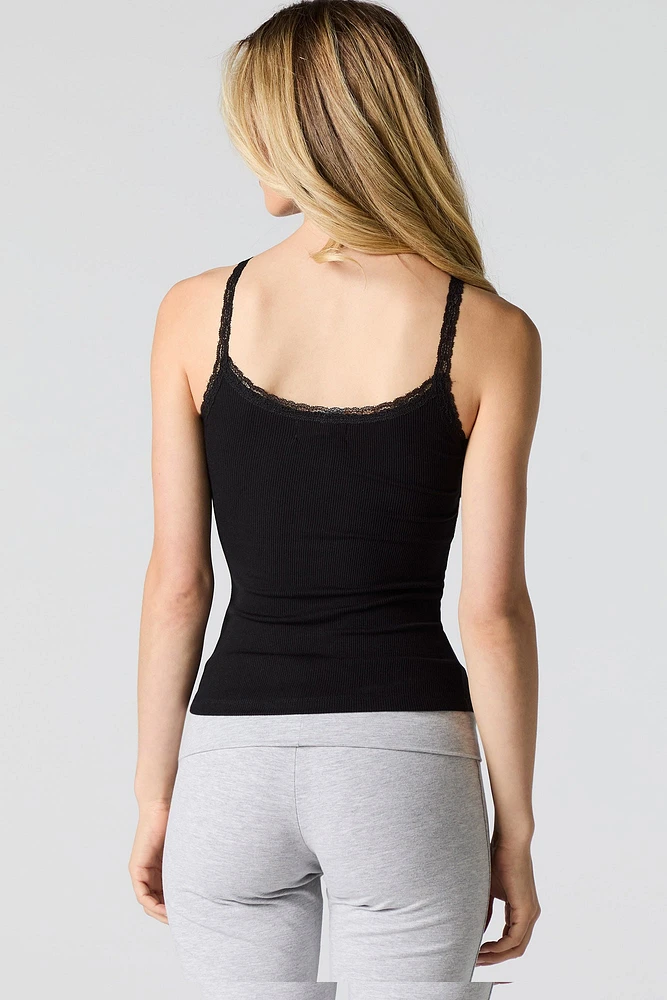 Ribbed Lace Trim Tank with Built-In Bra Cups