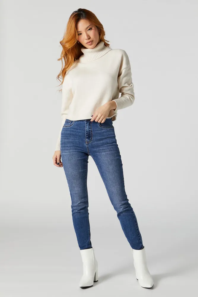 Women's Collared Zip Through Denim Top in Dark Wash