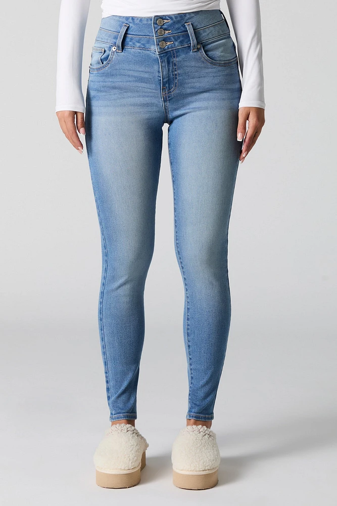 Medium Wash Stacked Waist Stretch Skinny Jean