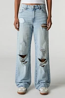 Light Wash Distressed High Rise Wide Leg Jean