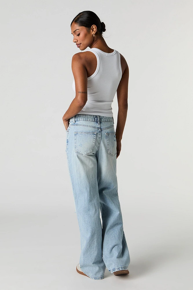 Light Wash Distressed High Rise Wide Leg Jean