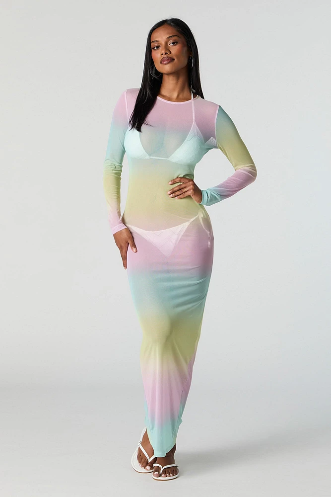 Rainbow Mesh Long Sleeve Maxi Dress Cover Up