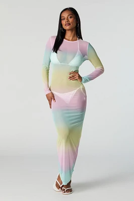 Rainbow Mesh Long Sleeve Maxi Dress Cover Up