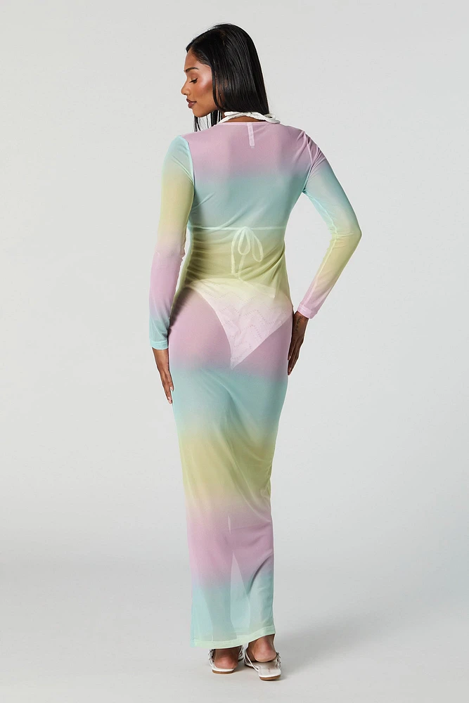 Rainbow Mesh Long Sleeve Maxi Dress Cover Up