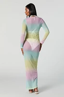 Rainbow Mesh Long Sleeve Maxi Dress Cover Up