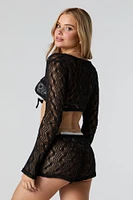Crochet Tie Front Long Sleeve Cover-Up
