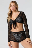 Crochet Tie Front Long Sleeve Cover-Up