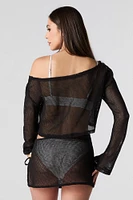 Fishnet Off Shoulder Long Sleeve Cover Up