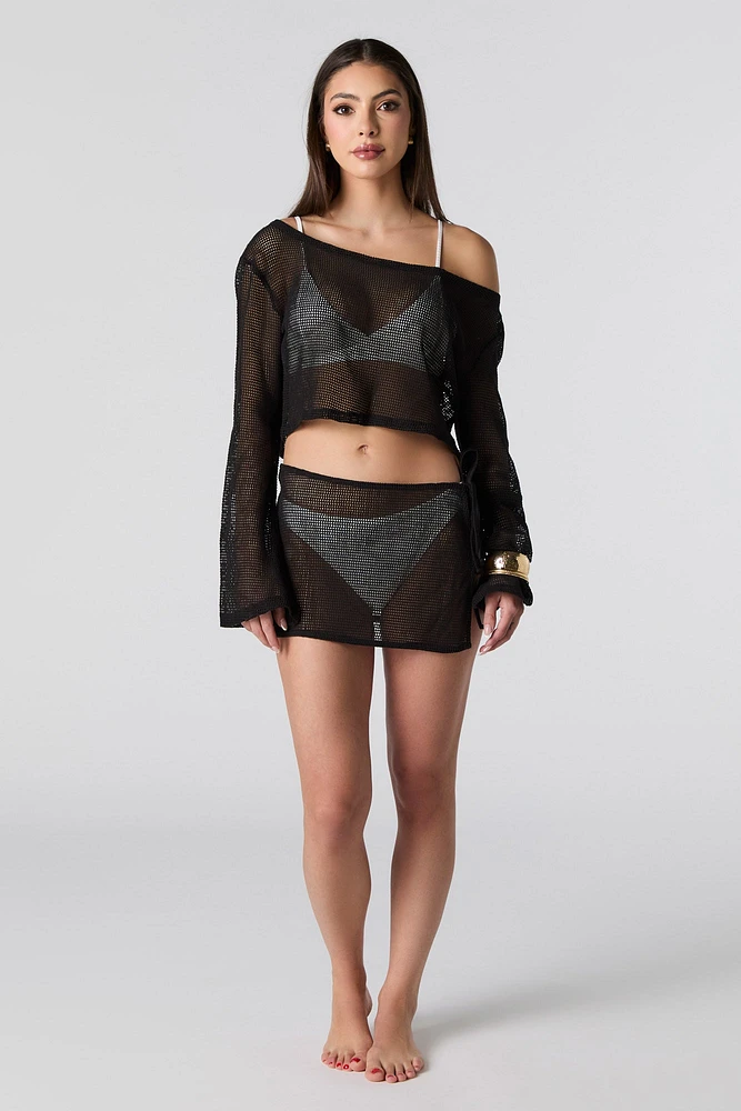 Fishnet Off Shoulder Long Sleeve Cover Up