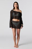 Fishnet Off Shoulder Long Sleeve Cover Up