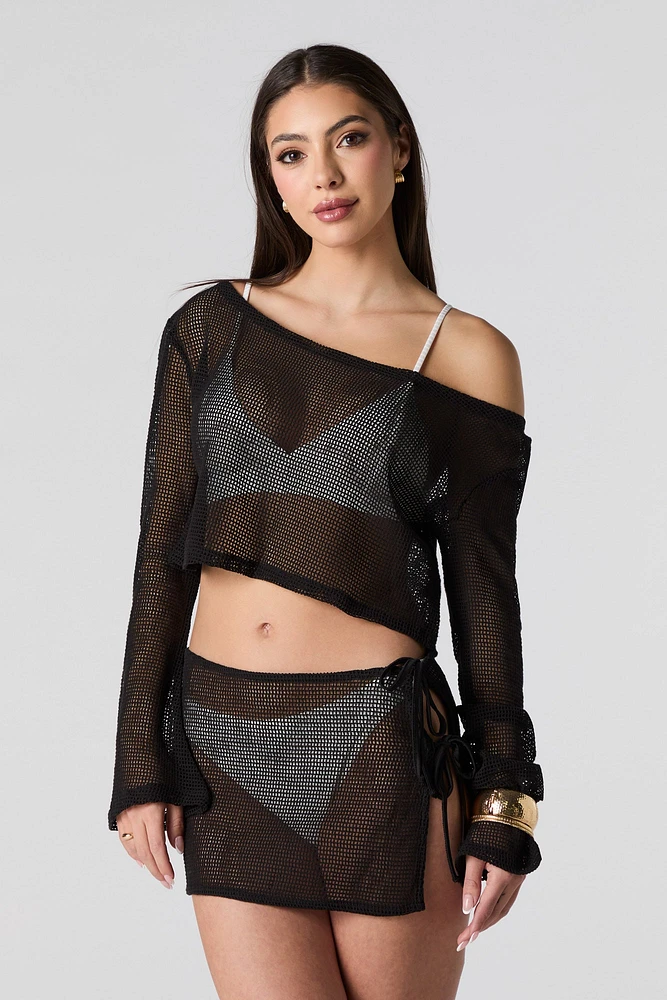 Fishnet Off Shoulder Long Sleeve Cover Up