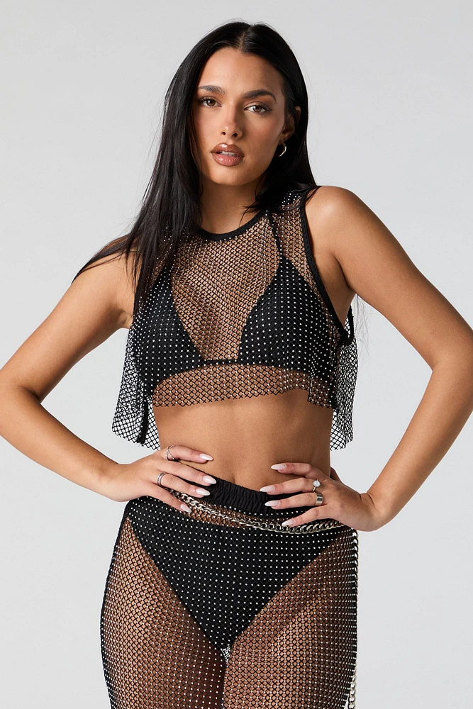 Rhinestone Fishnet Cropped Tank Cover Up