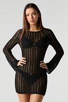 Open Knit Long Sleeve Mini Dress Cover Up