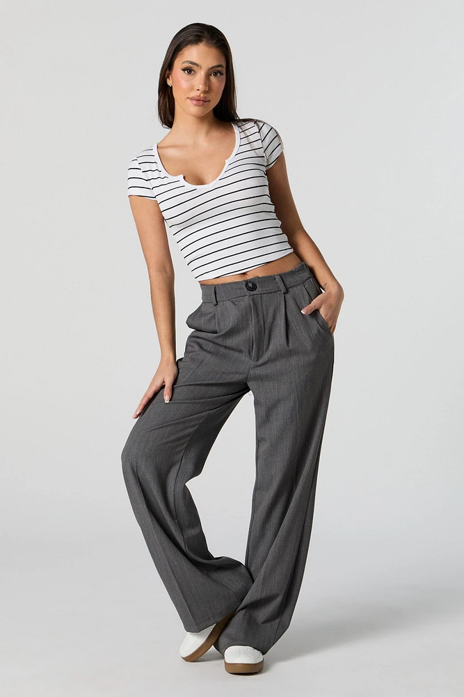 Striped Ribbed Notched Cropped T-Shirt