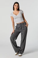 Striped Ribbed Notched Cropped T-Shirt