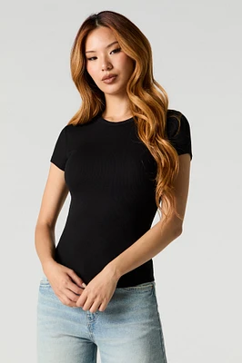 Ribbed Curved Hem T-Shirt