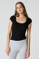 Ribbed Lace Trim Scoop Neck T-Shirt