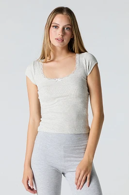 Ribbed Lace Trim Scoop Neck T-Shirt