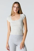 Ribbed Lace Trim Scoop Neck T-Shirt