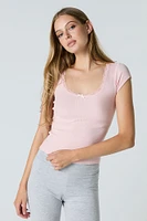 Ribbed Lace Trim Scoop Neck T-Shirt