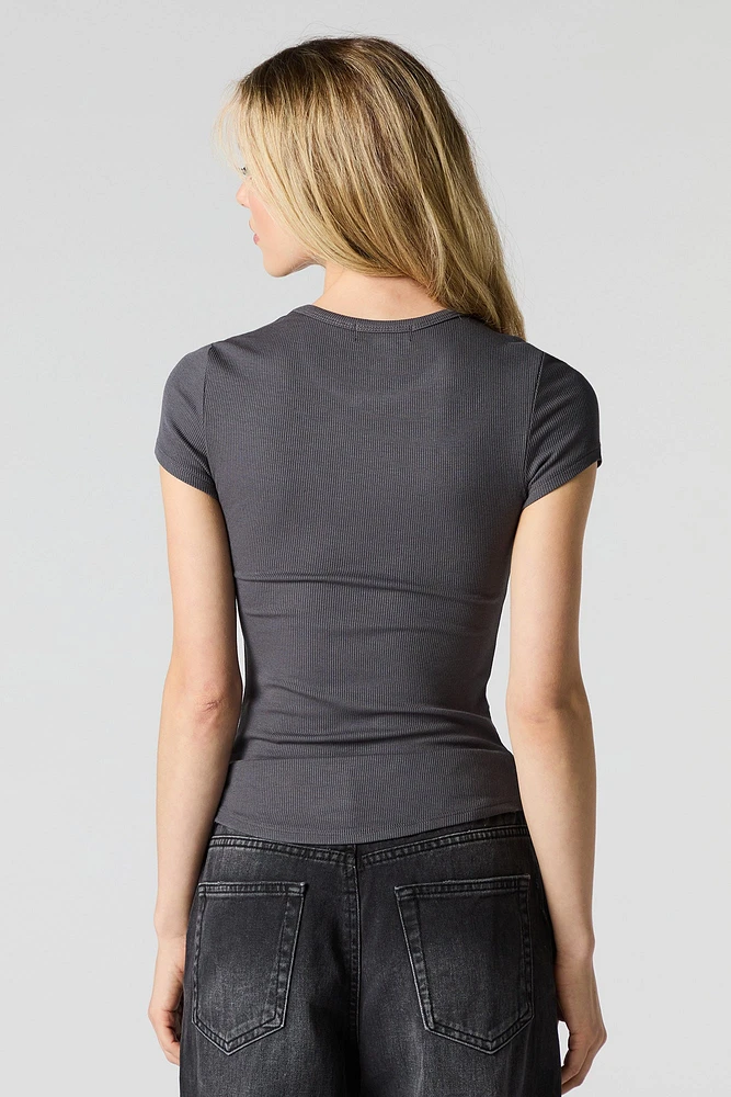 Ribbed Curved Hem T-Shirt