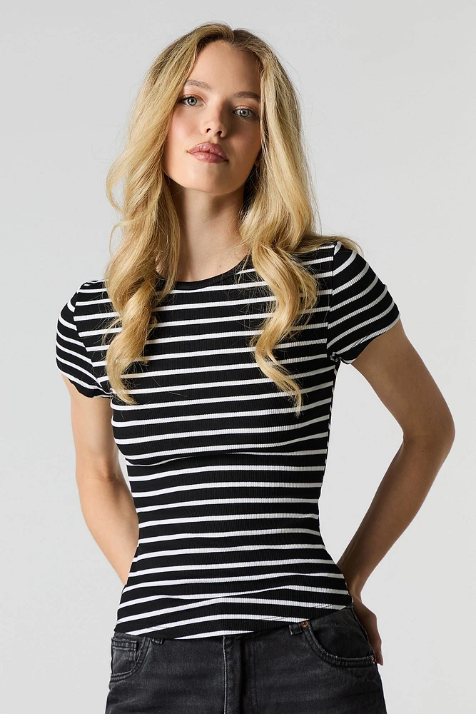 Ribbed Curved Hem T-Shirt