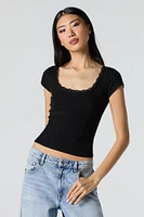 Ribbed Lace Trim Rosette Top