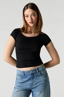 Scoop Neck Lace Trim T-Shirt