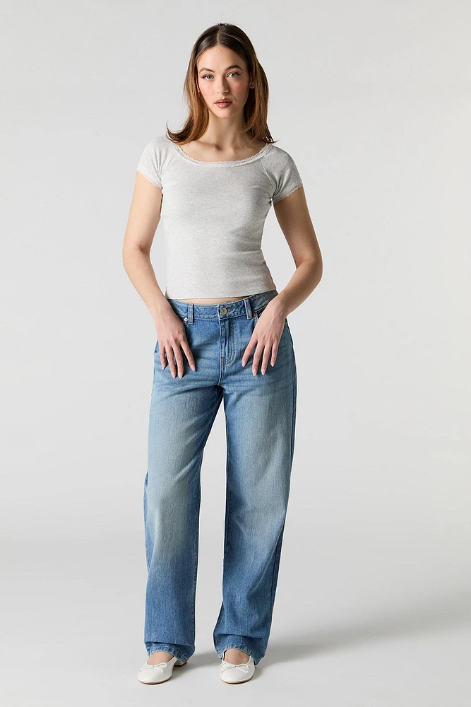 Scoop Neck Lace Trim T-Shirt