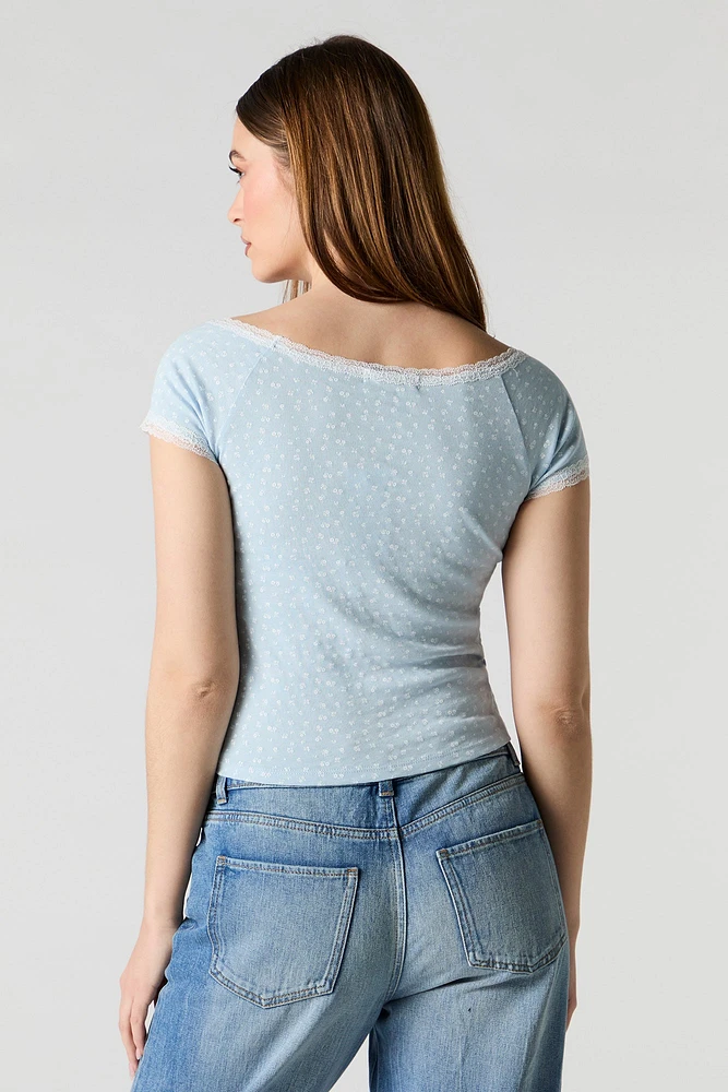 Scoop Neck Lace Trim T-Shirt