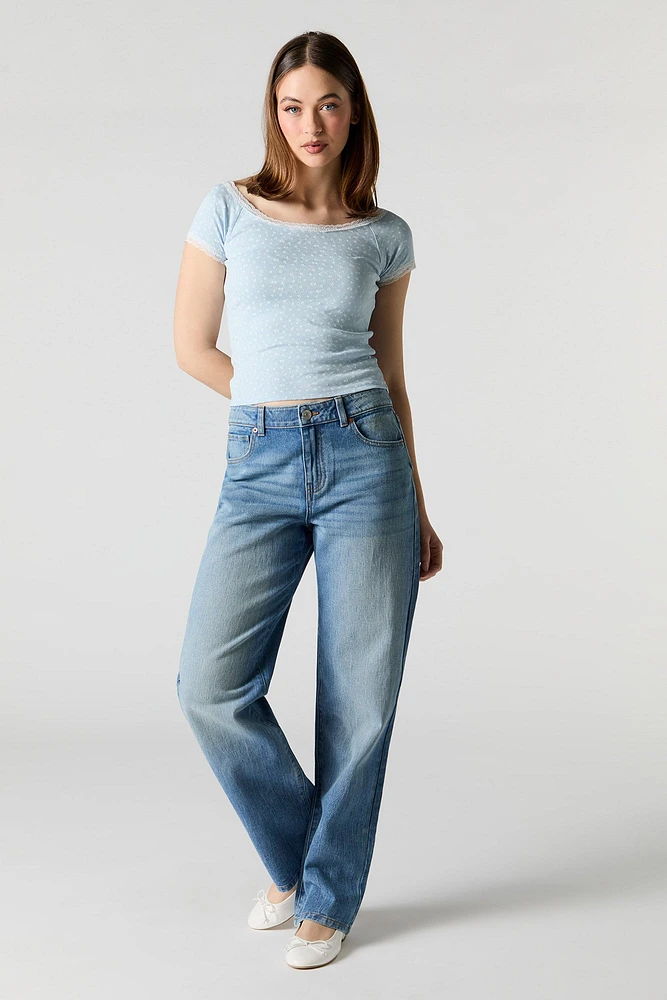 Scoop Neck Lace Trim T-Shirt