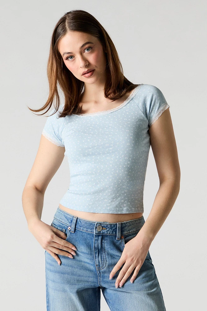 Scoop Neck Lace Trim T-Shirt