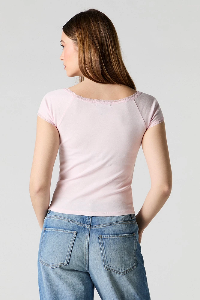 Scoop Neck Lace Trim T-Shirt