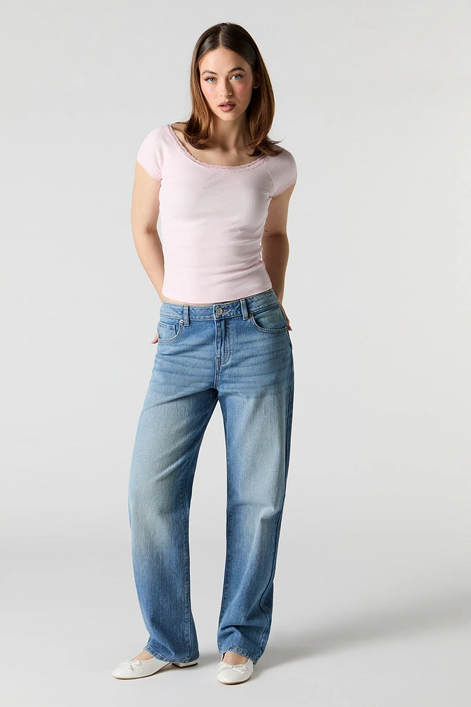 Scoop Neck Lace Trim T-Shirt