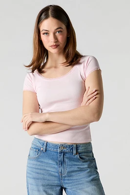 Scoop Neck Lace Trim T-Shirt