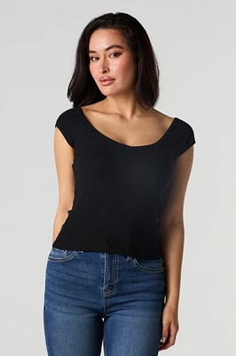 Ribbed V-Neck Cap Sleeve T-Shirt