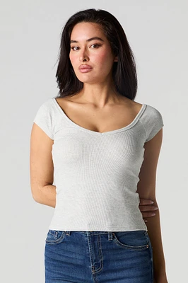 Ribbed V-Neck Cap Sleeve T-Shirt