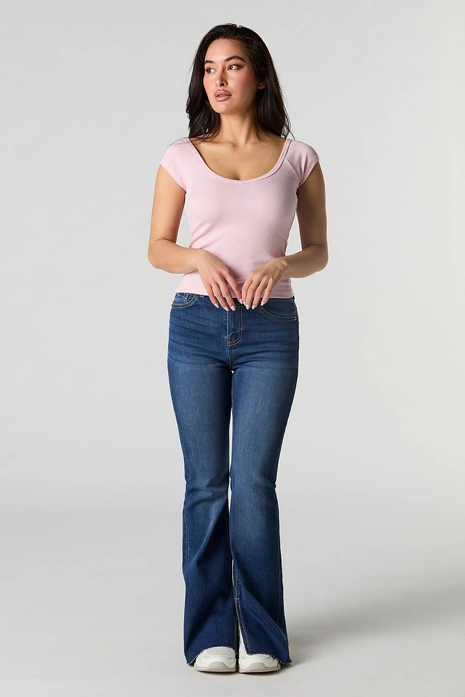 Ribbed V-Neck Cap Sleeve T-Shirt