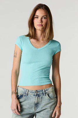 Ribbed V-Neck Fitted T-Shirt