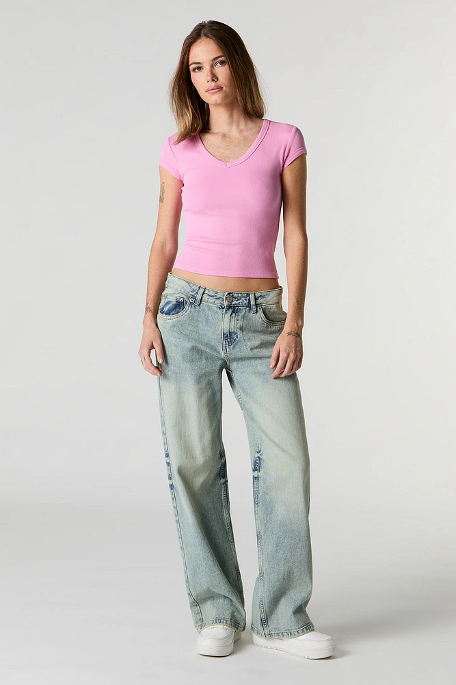Ribbed V-Neck Fitted T-Shirt