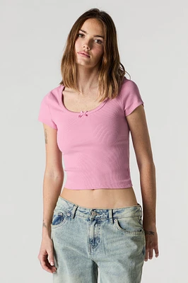 Ribbed Scoop Neck Lace Trim Bow Baby T-Shirt