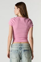 Ribbed Scoop Neck Lace Trim Bow Baby T-Shirt