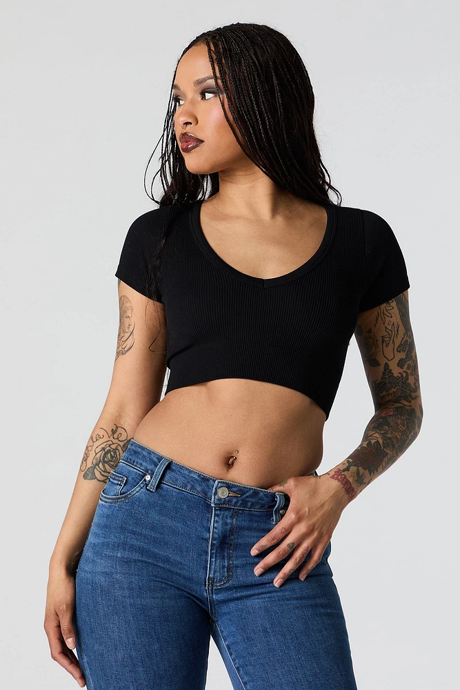 Seamless Deep V-Neck Short Sleeve Crop Top