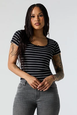 Striped Ribbed Lace Bow Trim T-Shirt
