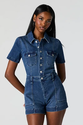 Denim Short Sleeve Button-Up Romper